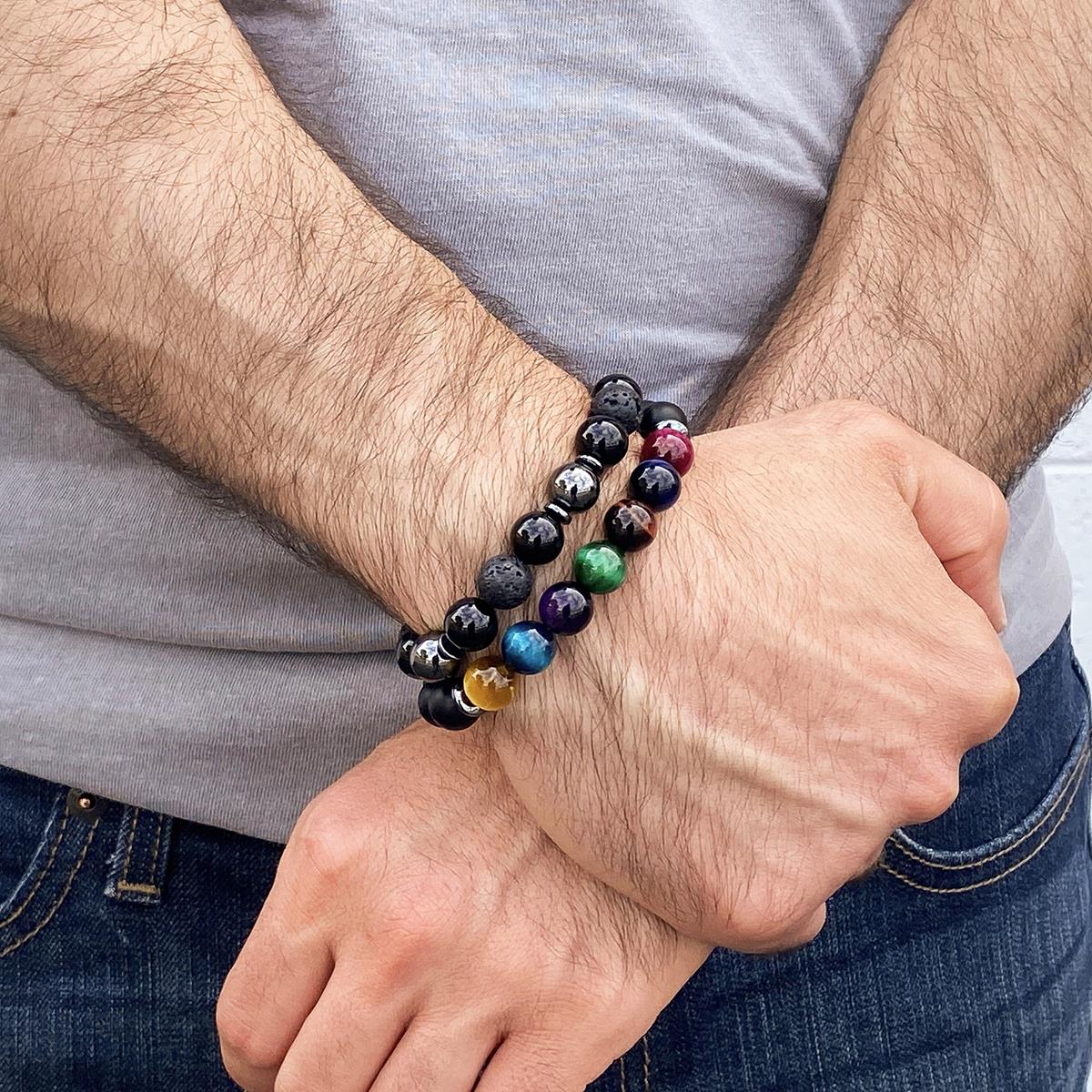 Men's  Polished 10mm Natural Stone Bead Stretch Bracelet