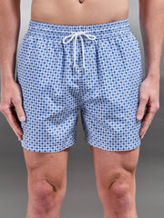 Capri Drawstring Printed Shell Swim Short in Light Blue