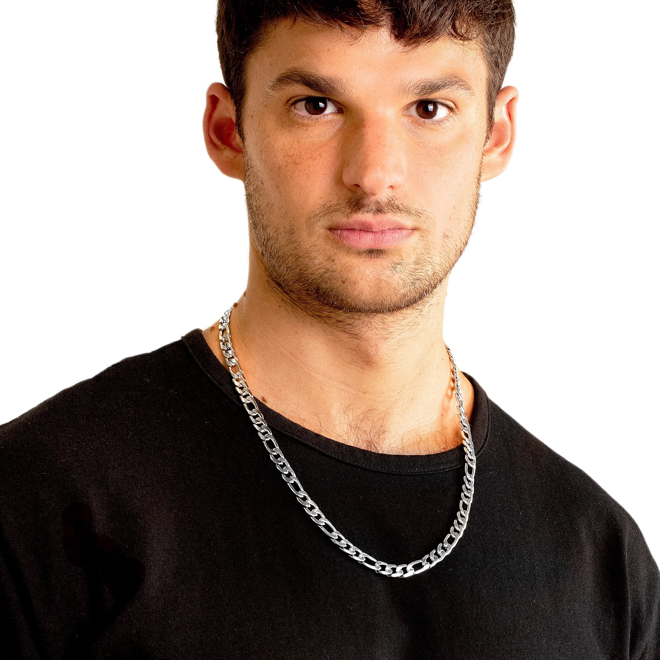 Men's Polished Figaro Chain Stainless Steel Necklace (8mm) - 24"