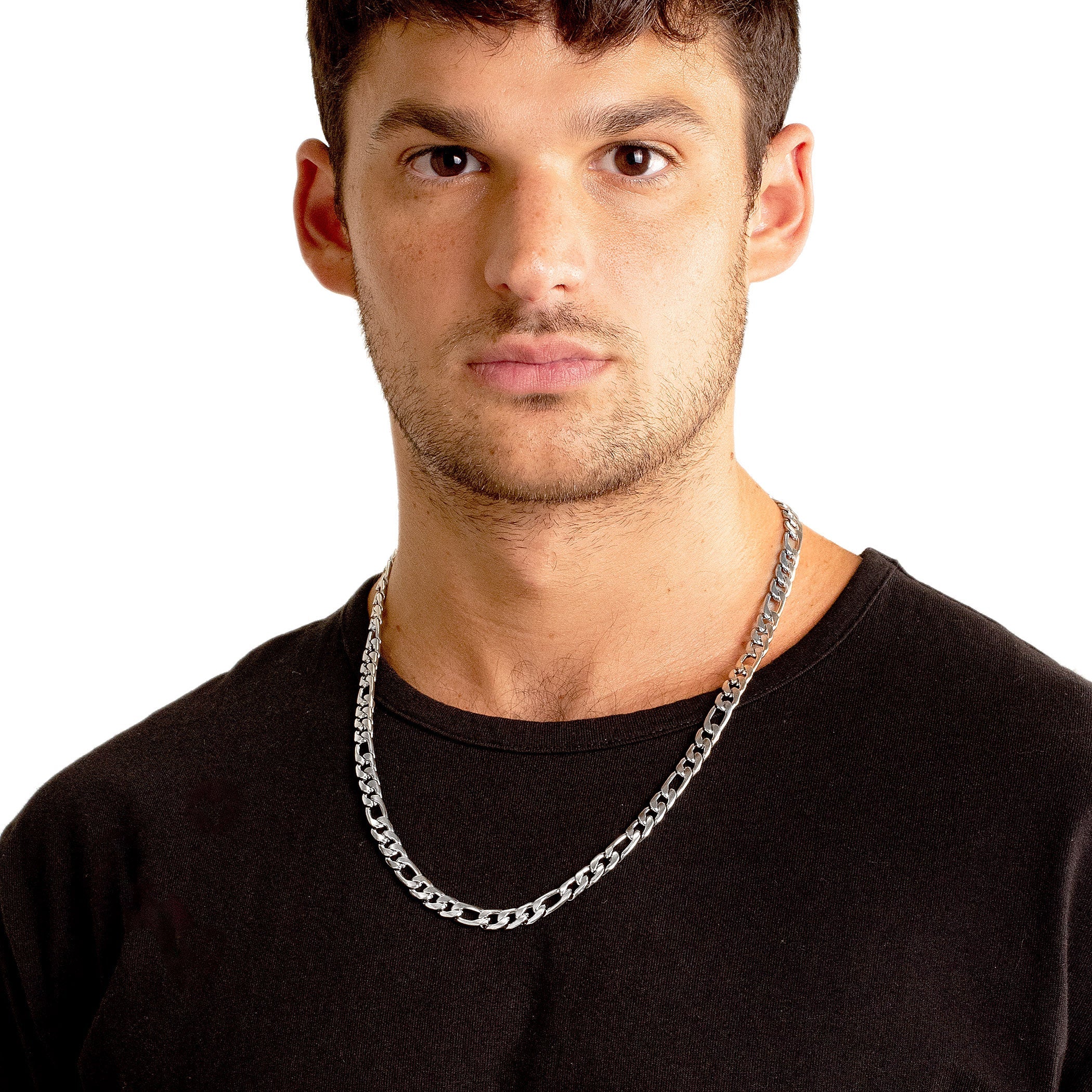 Men's Polished Figaro Chain Stainless Steel Necklace (8mm) - 24"