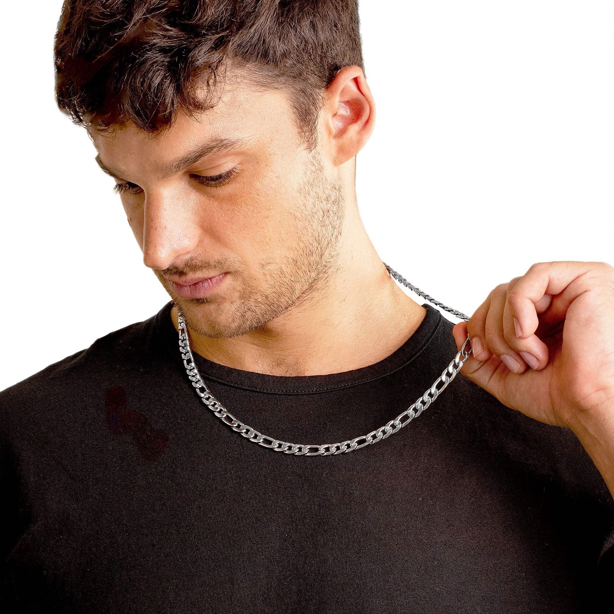 Men's Polished Figaro Chain Stainless Steel Necklace (8mm) - 24"