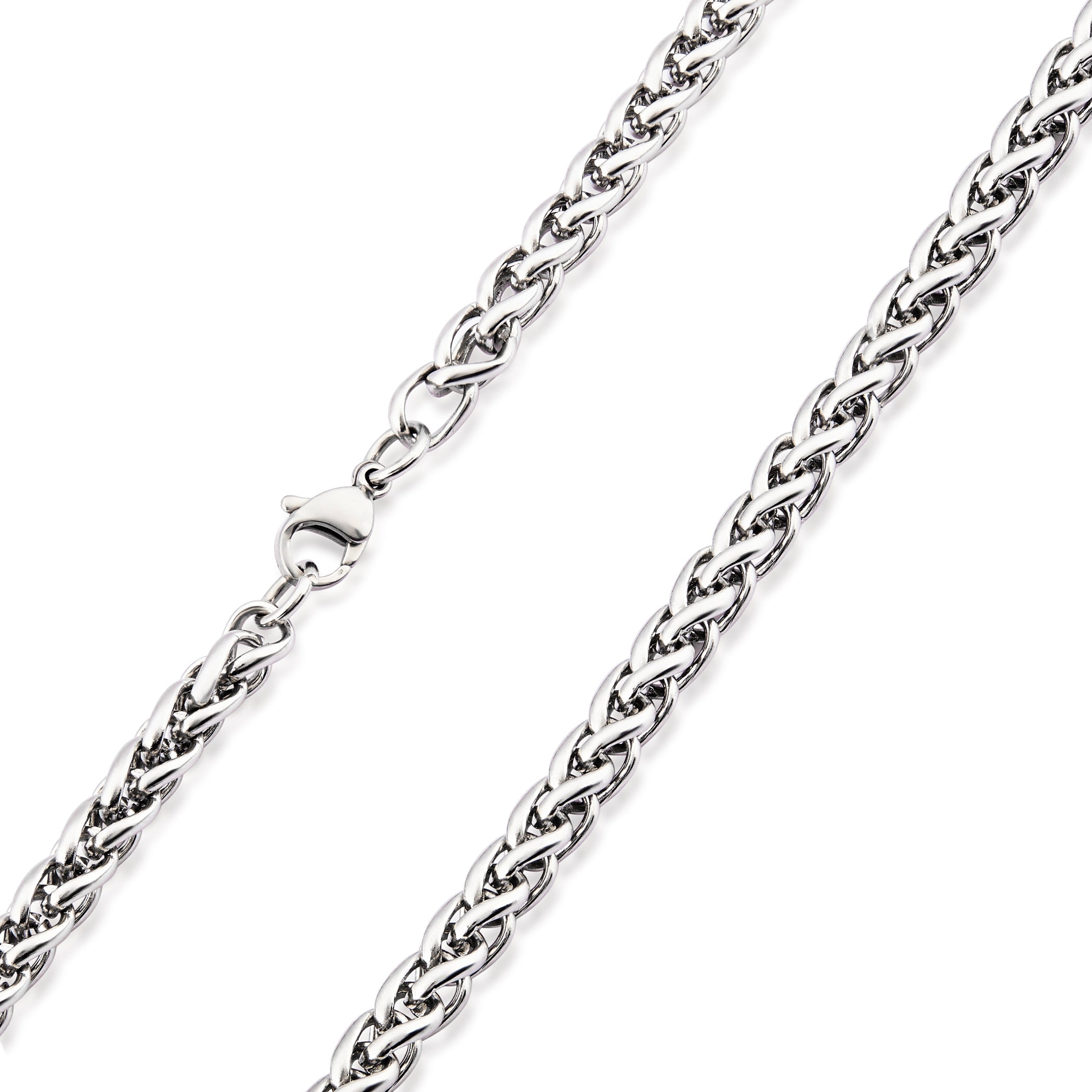 Men's Polished Spiga Wheat Chain Stainless Steel Necklace (6mm) - 24"