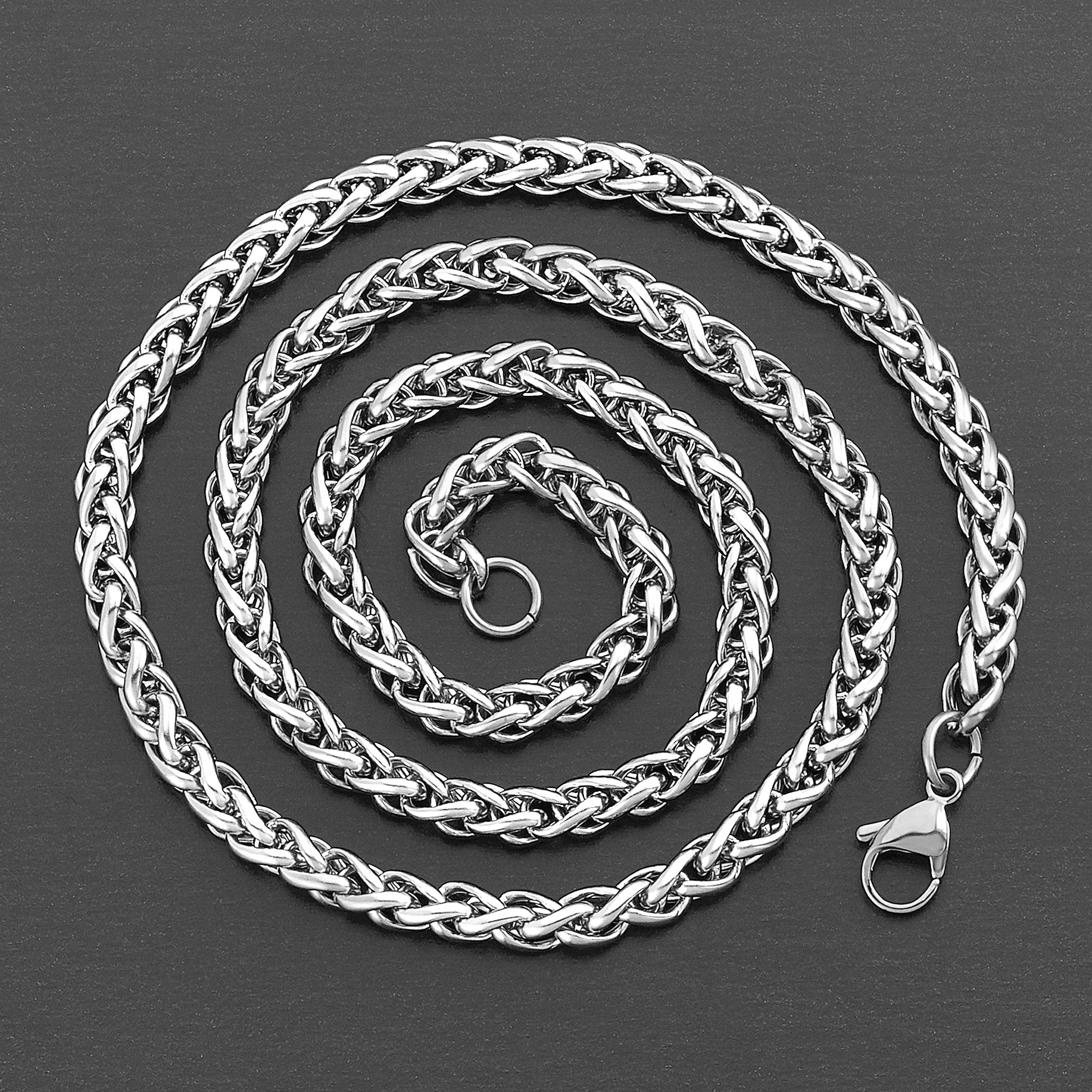 Men's Polished Spiga Wheat Chain Stainless Steel Necklace (6mm) - 24"