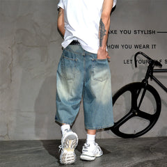 American retro washed vintage loose denim shorts, men's trendy brand wide leg cropped shorts, casual versatile straight leg mid length pants