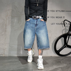 Blue retro washed distressed loose and versatile denim shorts, men's trendy brand wide leg straight leg simple casual six quarter pants