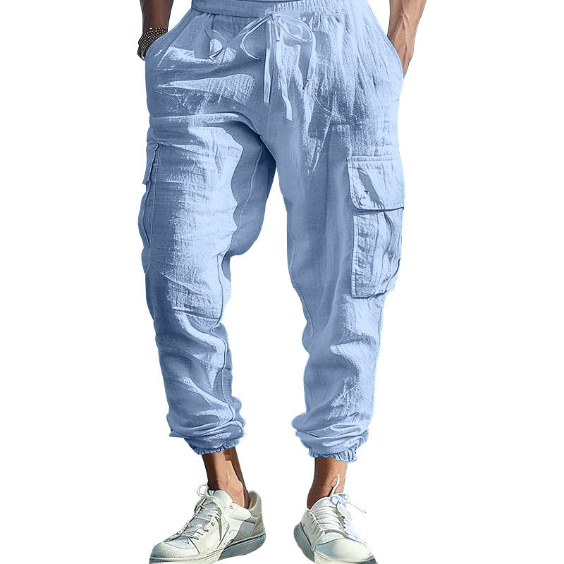 Men's Linen Blend Cargo Jogger Pants, Elastic Waist Drawstring Casual Trousers