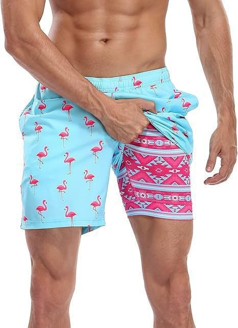 Men's Flamingo Print Swim Trunks, Quick-Dry Board Shorts with Liner