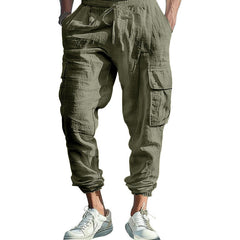 Men's Linen Blend Cargo Jogger Pants, Elastic Waist Drawstring Casual Trousers