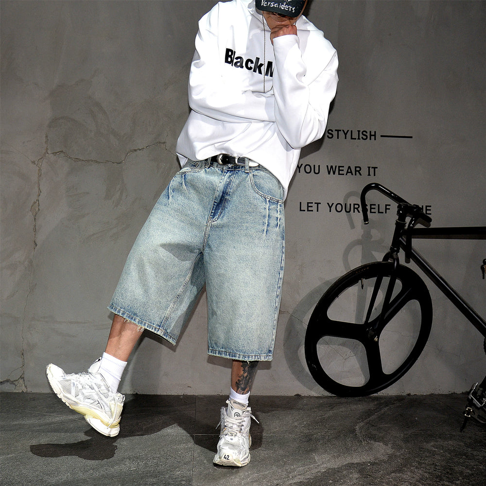 Japanese retro washed vintage light blue denim shorts, men's trendy brand casual loose wide leg straight leg six inch pants, summer