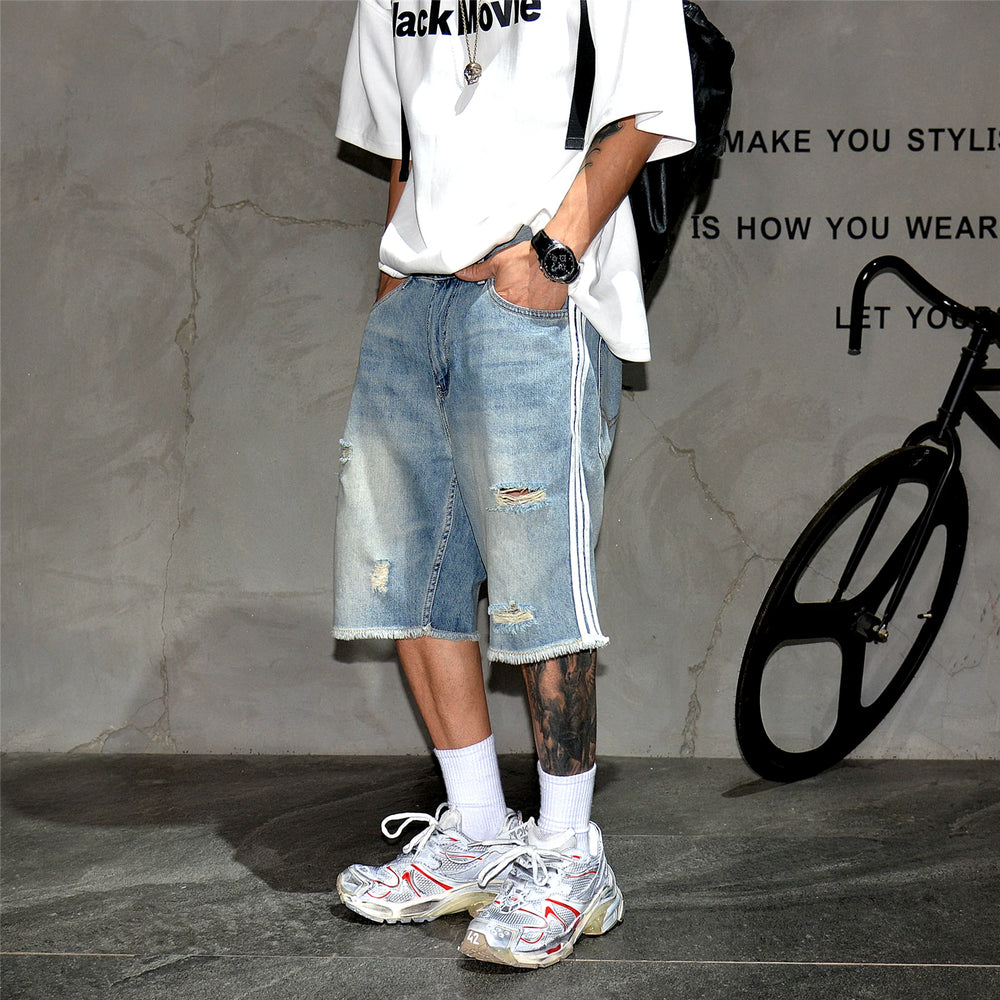 American high street three bar denim shorts, men's retro washed ripped hole pants, trendy brand loose oversized five quarter pants