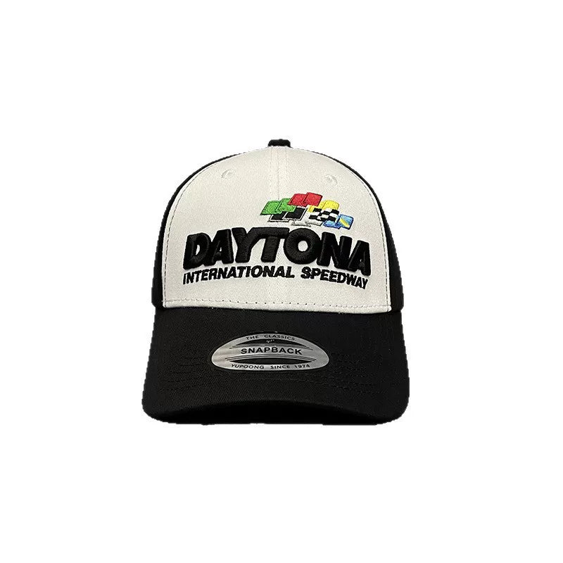 Car endurance race hats, international events, hardtop baseball hats, trendy men's and women's black and white color blocked embroidered curved brimmed duckbill hats