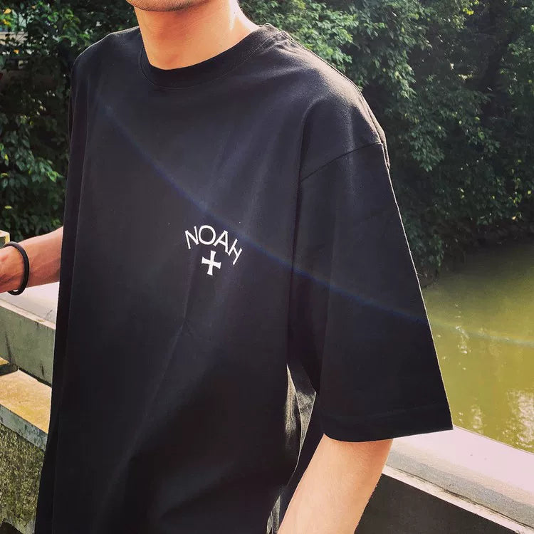 NOAH summer new trendy brand front and back cross American casual pure cotton couple navy blue short sleeved T-shirt for men and women