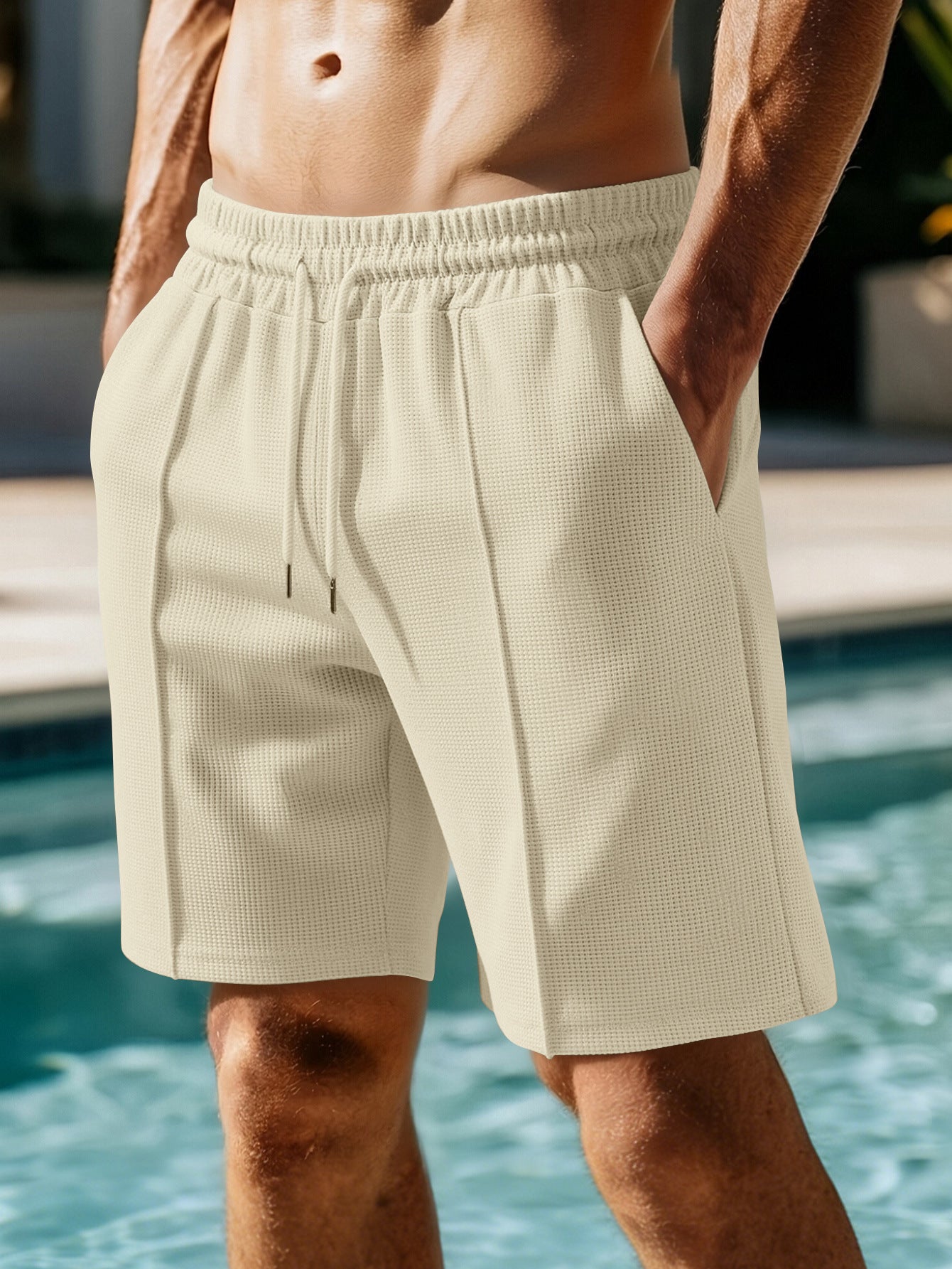 Men's Lightweight Waffle Shorts, Comfortable Elastic Waist Summer Shorts