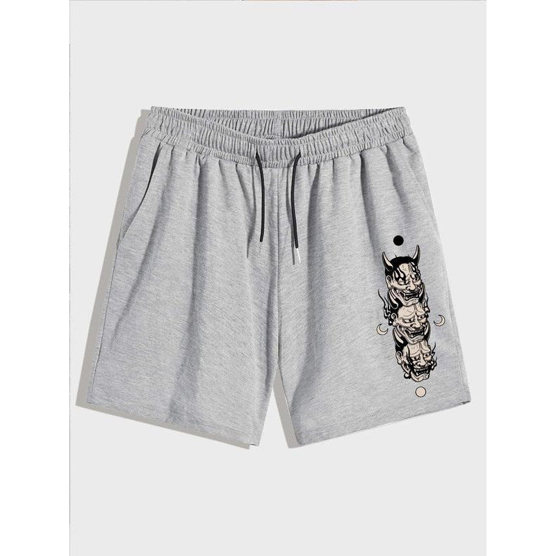 Men's Japanese Hannya Demon Print Casual Shorts, Elastic Waist Drawstring Sweat Shorts