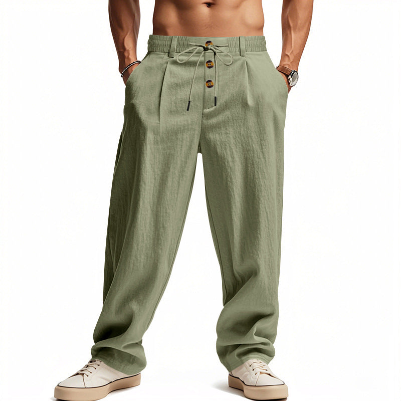 Men's Linen Casual Wide Leg Pants, Button Fly Drawstring Waist Soft Breathable Loose Straight Long Trousers