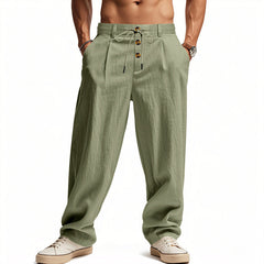 Men's Linen Casual Wide Leg Pants, Button Fly Drawstring Waist Soft Breathable Loose Straight Long Trousers