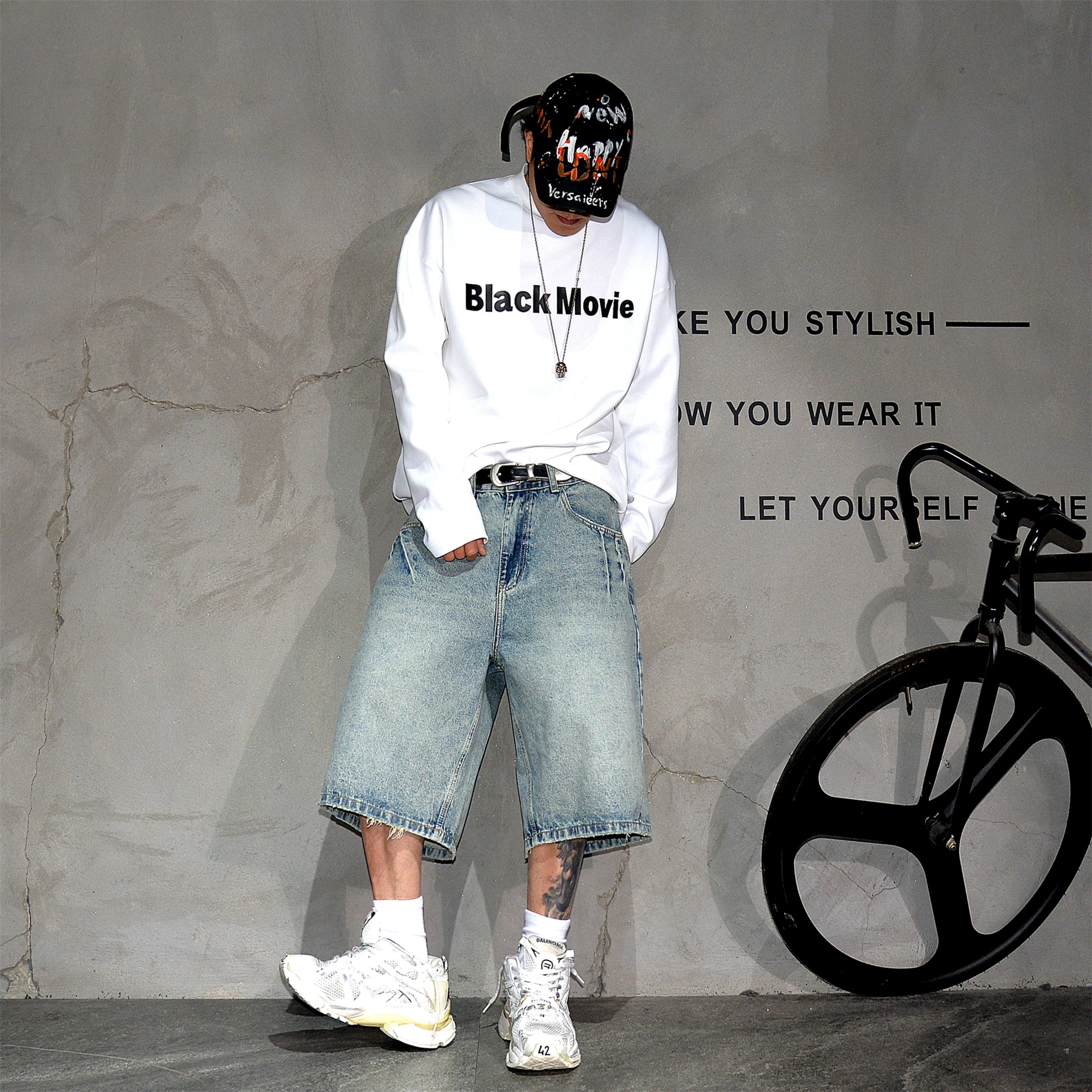 Japanese retro washed vintage light blue denim shorts, men's trendy brand casual loose wide leg straight leg six inch pants, summer