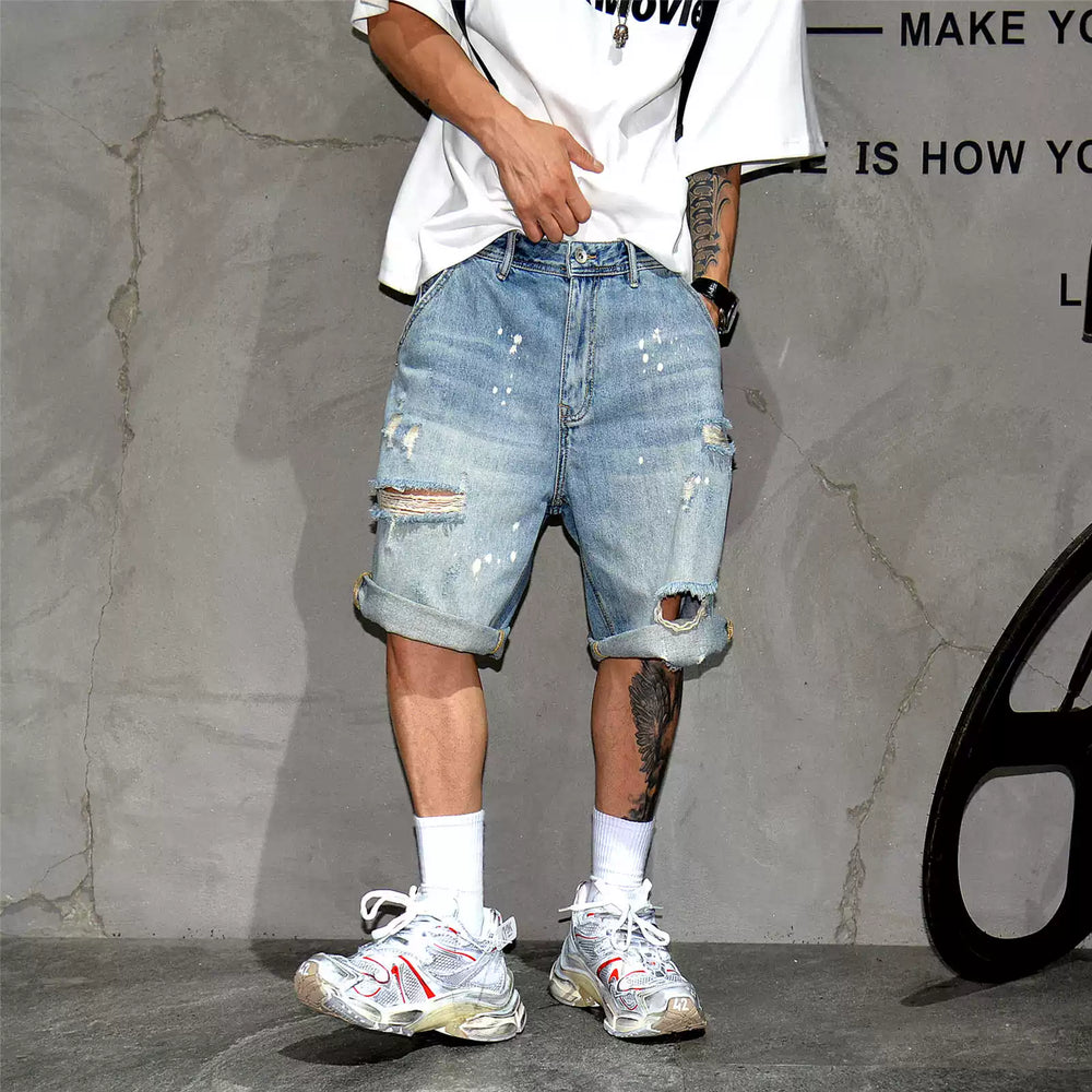 American fashion brand ripped denim shorts for men, retro vintage, distressed, splashed paint, scratched beggar, five quarter pants, loose oversized shorts, mid length pants