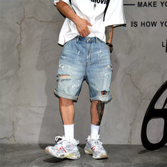 American fashion brand ripped denim shorts for men, retro vintage, distressed, splashed paint, scratched beggar, five quarter pants, loose oversized shorts, mid length pants