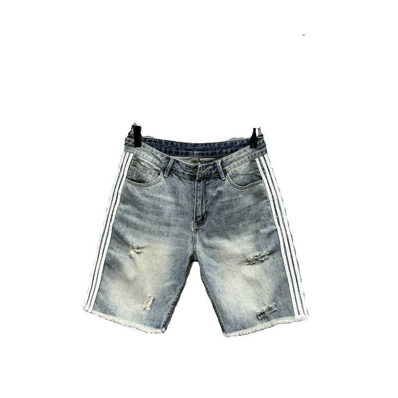 American high street three bar denim shorts, men's retro washed ripped hole pants, trendy brand loose oversized five quarter pants