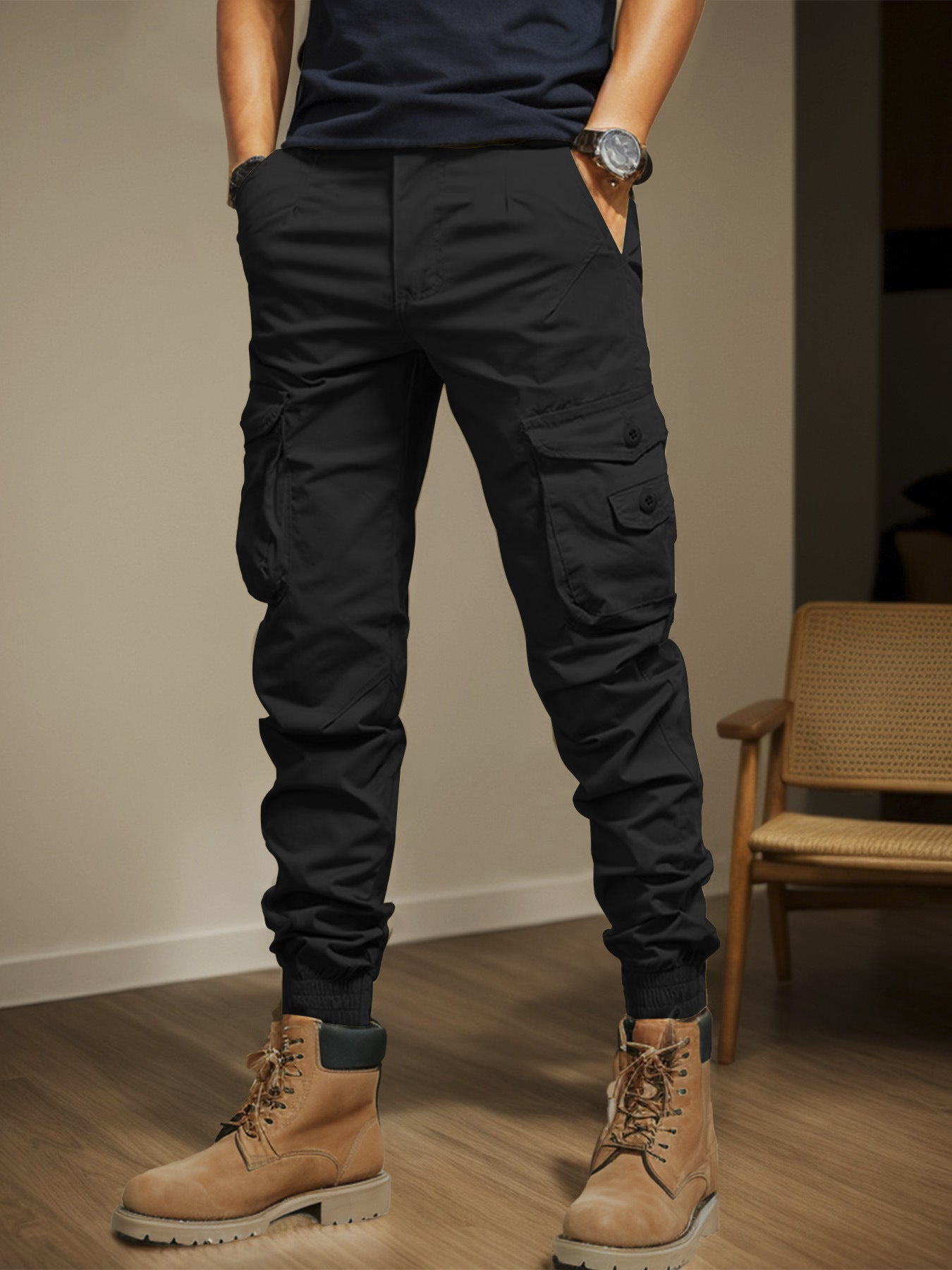 Men's Black Slim Fit Cargo Pants, Multi Pocket Elastic Waist Trousers for Outdoor Work
