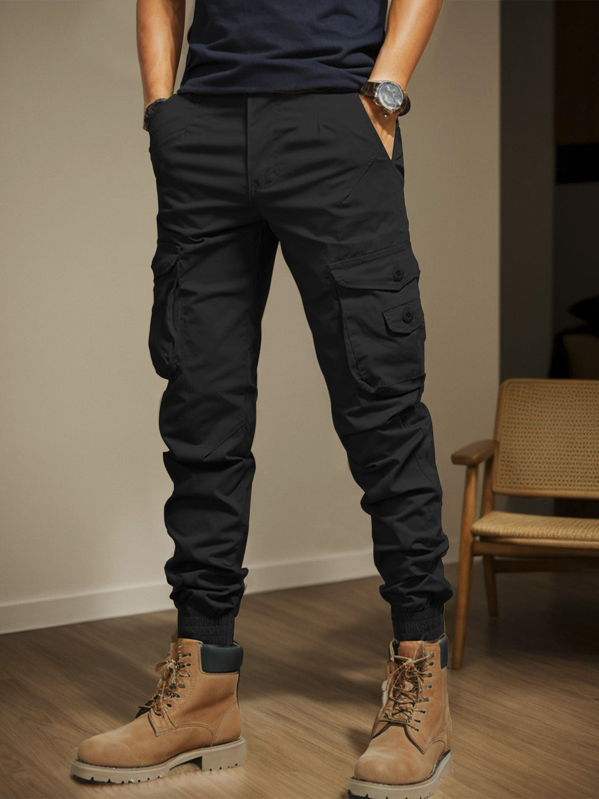 Men's Black Slim Fit Cargo Pants, Multi Pocket Elastic Waist Trousers for Outdoor Work