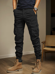 Men's Black Slim Fit Cargo Pants, Multi Pocket Elastic Waist Trousers for Outdoor Work
