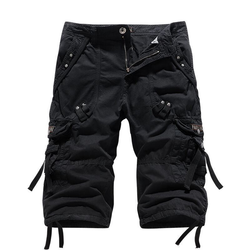 Belt not includedMen's Multi-Pocket Cargo 3/4 Length Shorts, Casual Cotton Capri Pants with Drawstring for Summer