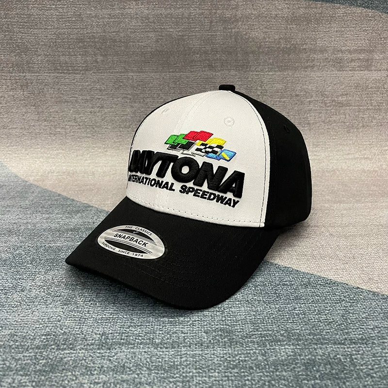 Car endurance race hats, international events, hardtop baseball hats, trendy men's and women's black and white color blocked embroidered curved brimmed duckbill hats