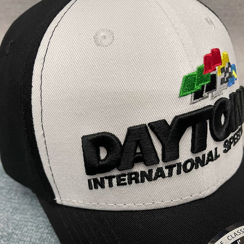 Car endurance race hats, international events, hardtop baseball hats, trendy men's and women's black and white color blocked embroidered curved brimmed duckbill hats