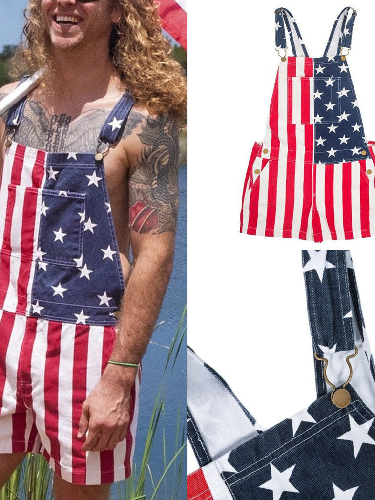 Men's American Flag Short Overalls, Patriotic USA Flag Denim Short Overalls for 4th of July