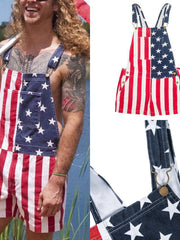 Men's American Flag Short Overalls, Patriotic USA Flag Denim Short Overalls for 4th of July