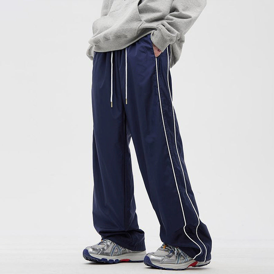 Men's Navy Blue Side Stripe Wide Leg Pants, Drawstring Casual Track Pants