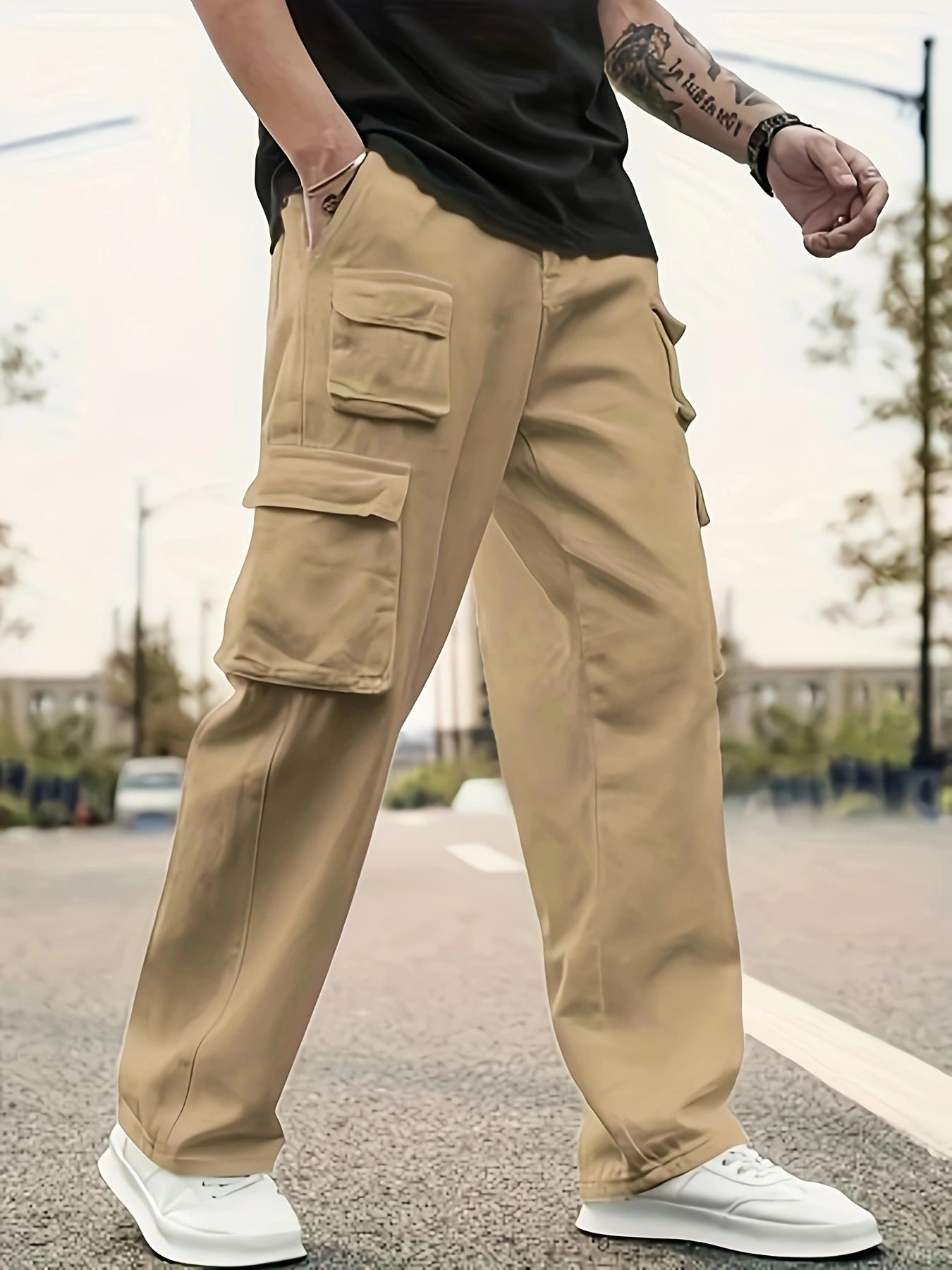 Men's Olive Green Cargo Pants, Multi Pocket Straight Leg Tactical Trousers for Outdoor Hiking