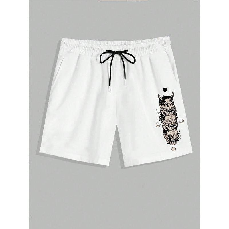 Men's Japanese Hannya Demon Print Casual Shorts, Elastic Waist Drawstring Sweat Shorts