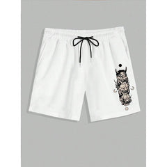Men's Japanese Hannya Demon Print Casual Shorts, Elastic Waist Drawstring Sweat Shorts