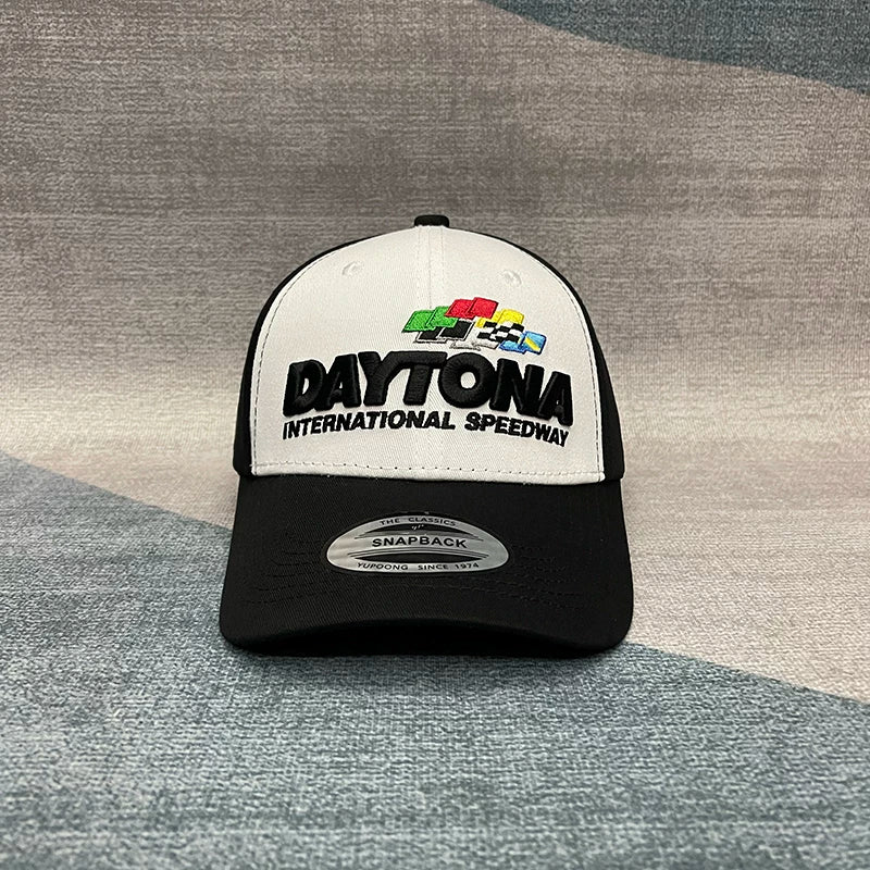 Car endurance race hats, international events, hardtop baseball hats, trendy men's and women's black and white color blocked embroidered curved brimmed duckbill hats