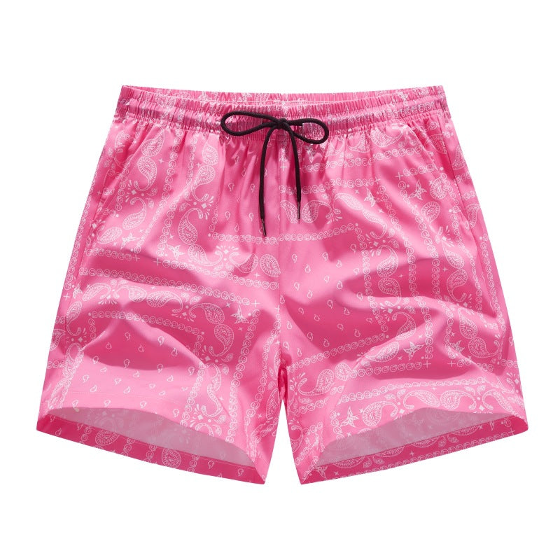 Men's Pink Bandana Paisley Print Swim Trunks, Quick Dry Beach Board Shorts with Drawstring