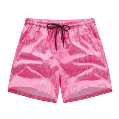 Men's Pink Bandana Paisley Print Swim Trunks, Quick Dry Beach Board Shorts with Drawstring