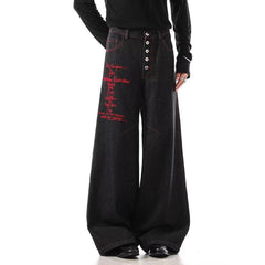 Men's Punk Red Stitch Embroidered Super Wide Leg Jeans, High Waist Y2K Streetwear Denim