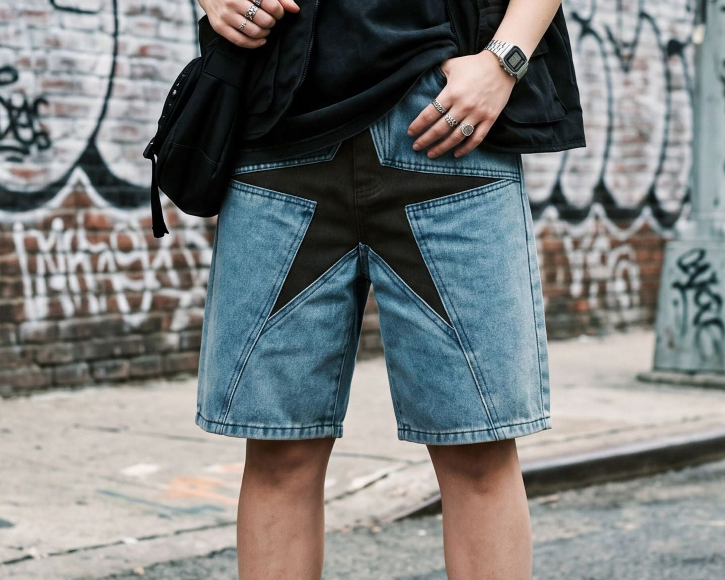 Unisex Star Patchwork Cotton-Blend Denim Shorts