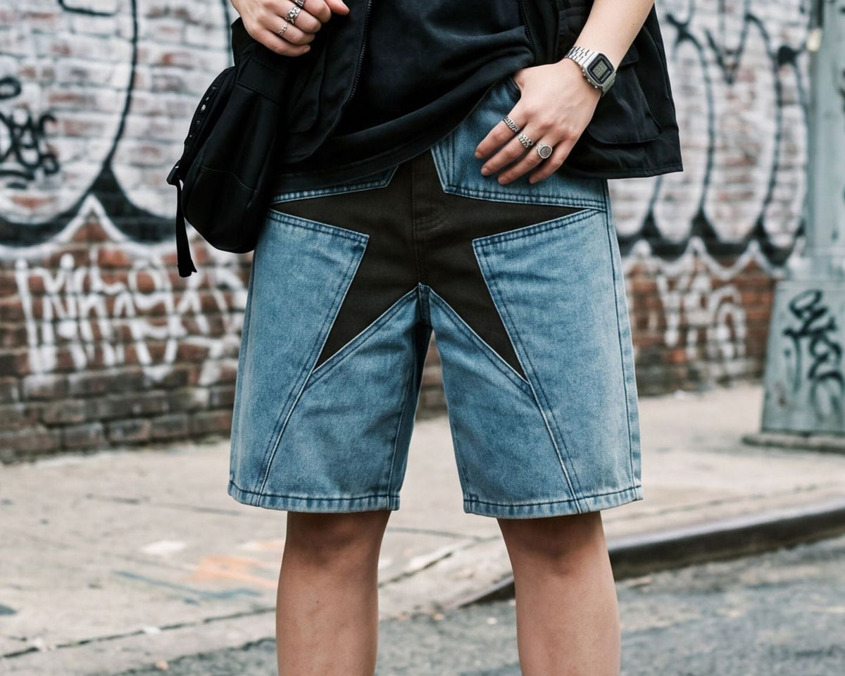 Unisex Star Patchwork Cotton-Blend Denim Shorts