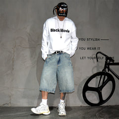 Japanese retro washed vintage light blue denim shorts, men's trendy brand casual loose wide leg straight leg six inch pants, summer