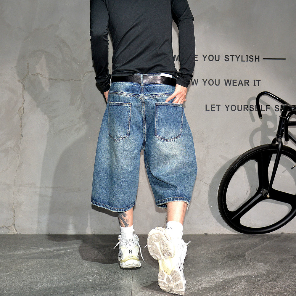 Blue retro washed distressed loose and versatile denim shorts, men's trendy brand wide leg straight leg simple casual six quarter pants