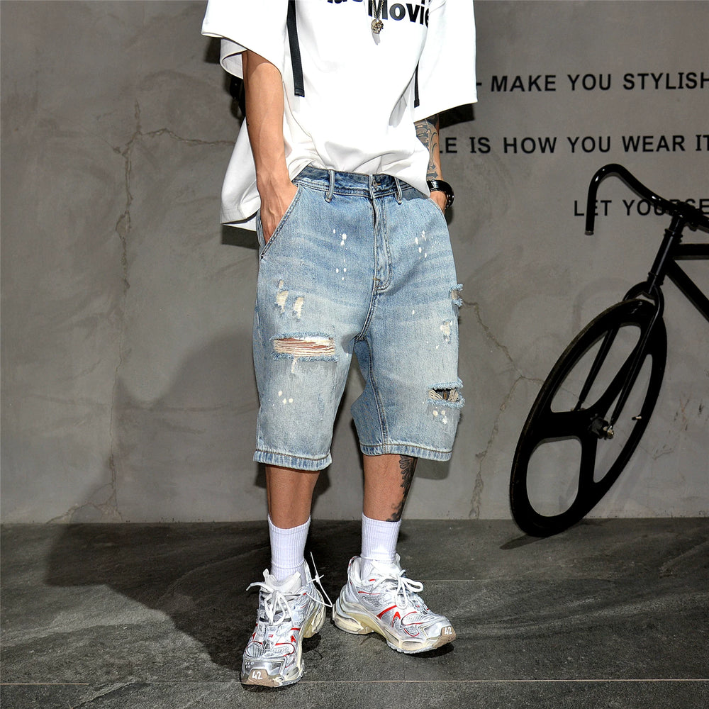 American fashion brand ripped denim shorts for men, retro vintage, distressed, splashed paint, scratched beggar, five quarter pants, loose oversized shorts, mid length pants