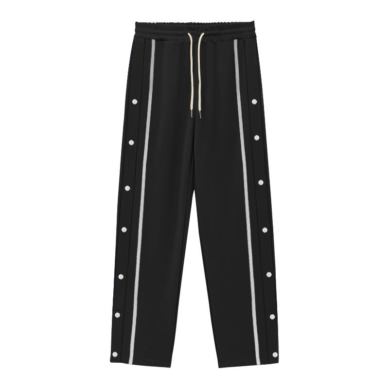 Men Solid Color Loose Sports Pants, Elastic Drawstring Waist Side Button Striped Casual Daily Bottom Wear