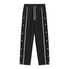 Men Solid Color Loose Sports Pants, Elastic Drawstring Waist Side Button Striped Casual Daily Bottom Wear