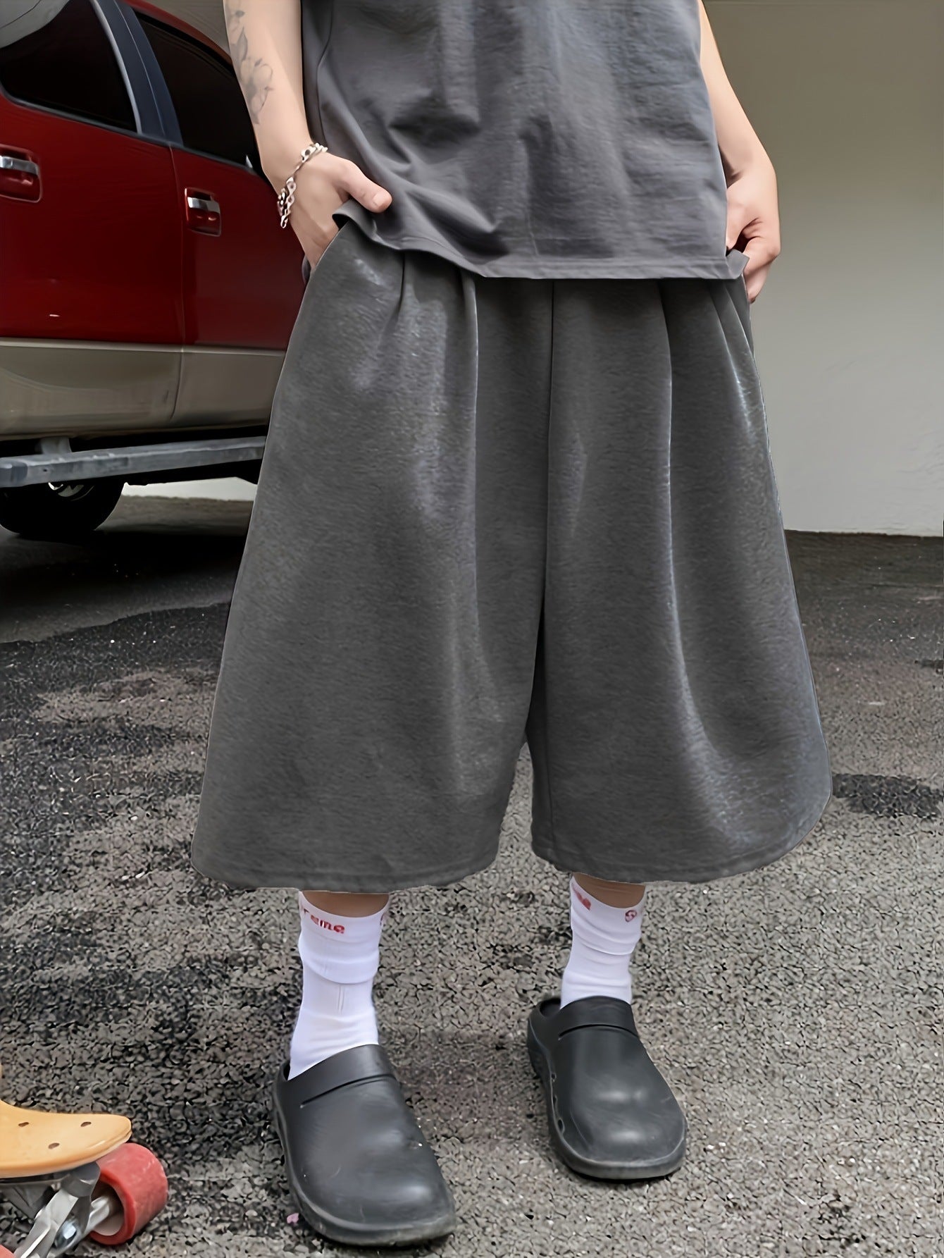 Men's Baggy Wide-Leg Sweat Shorts, Elastic Waist Casual Knee-Length Shorts