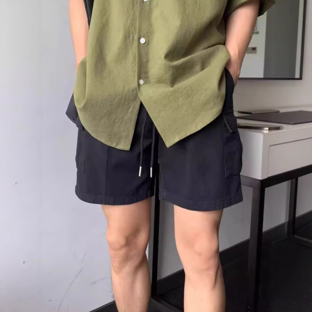 Men Elastic Waist Drawstring Cargo Shorts, Solid Black Comfortable Summer Casual Short Pants