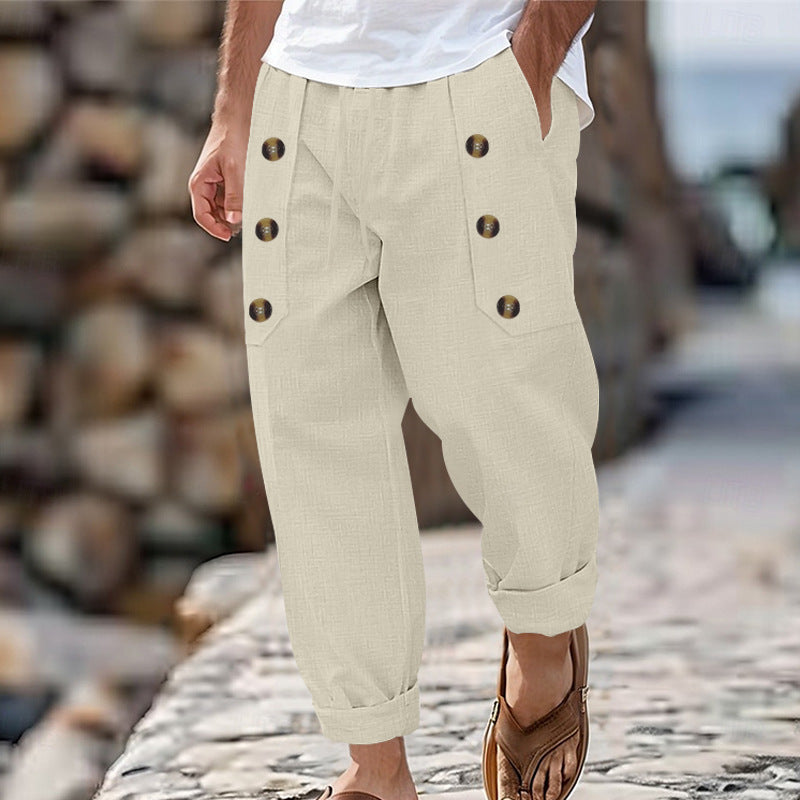 Men's Linen Blend Casual Pants, Elastic Waist Button Detail Trousers
